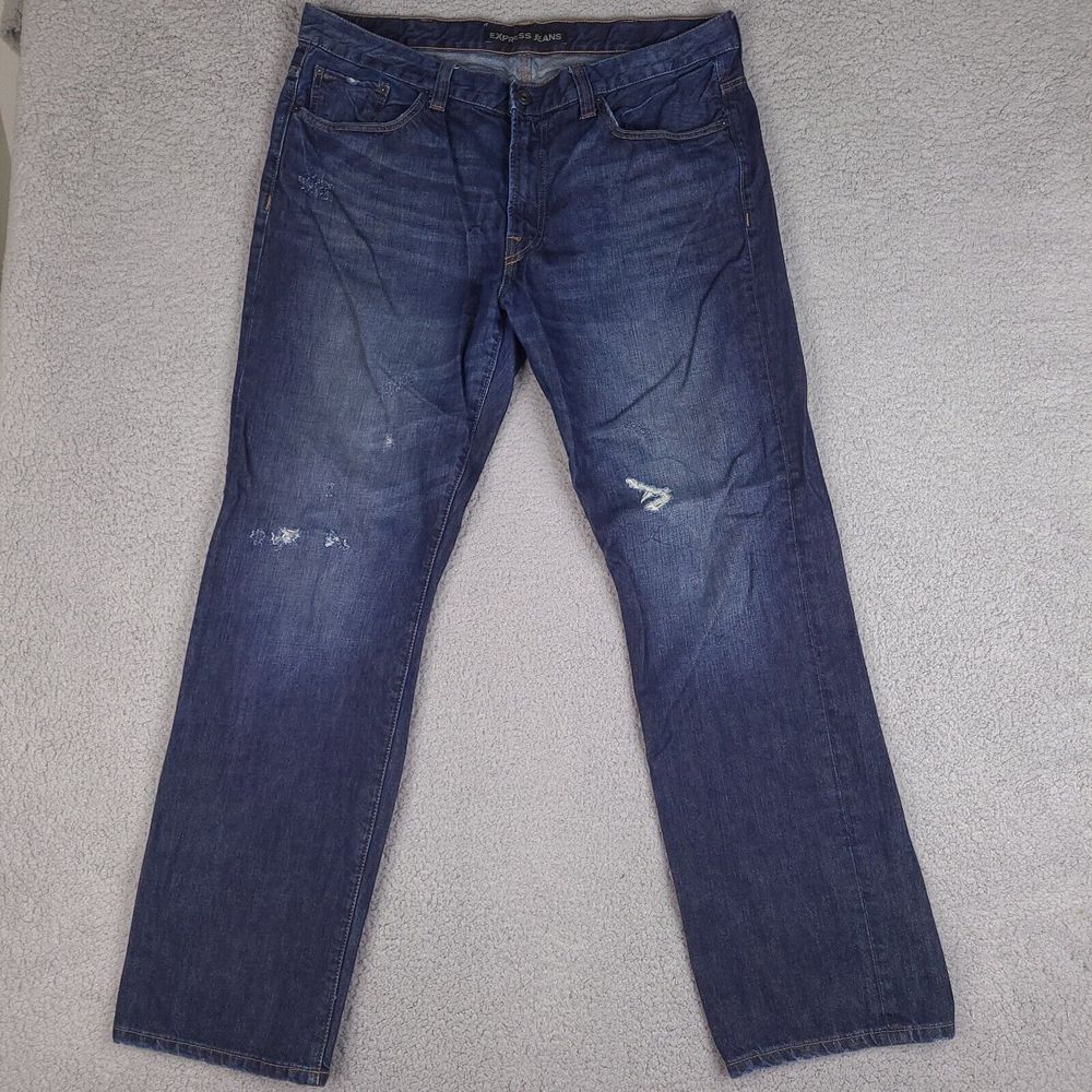 Express Jeans Mens 39x33.5 Blue Blake Loose Fit Boot Cut Denim Distressed‎